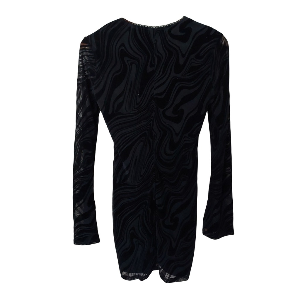 Black Burnout Velvet Swirl Mesh Mini Dress Lace Up V-Neck L Club Edgy Chic Vamp - Picture 6 of 9